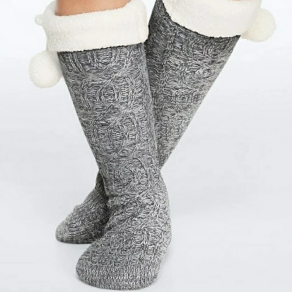 Pink Victoria's Secret Gray Cable Knit Socks with Pom Poms Forever Busy One Size